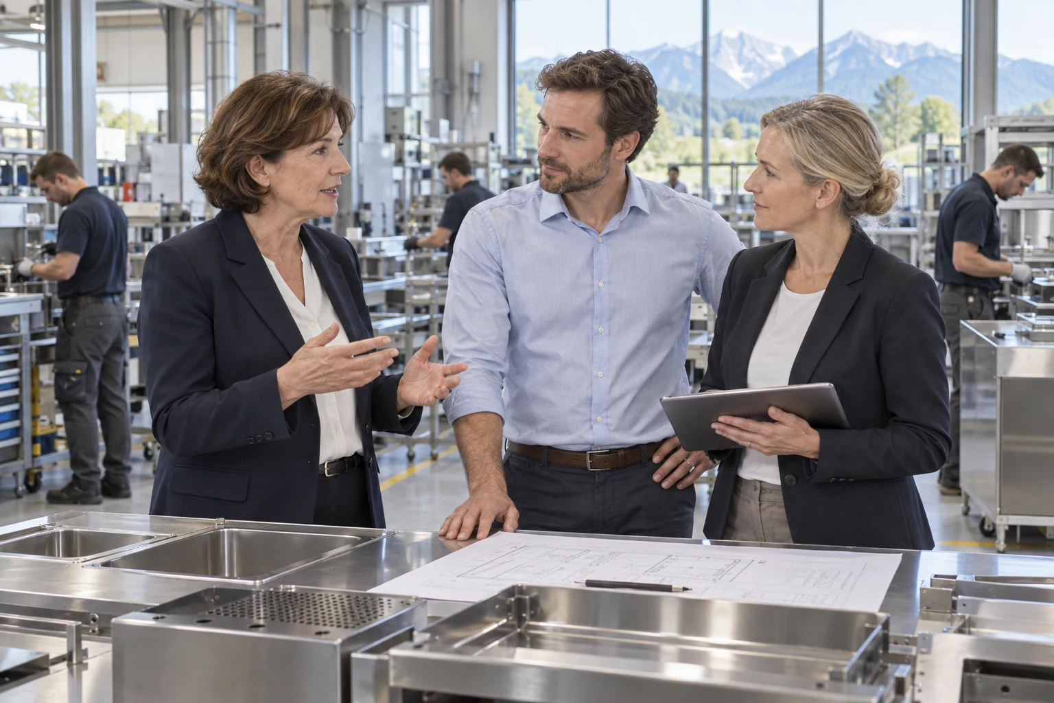 Drei Personen im Gespräch in einem Betrieb für professionelle Küchentechnik